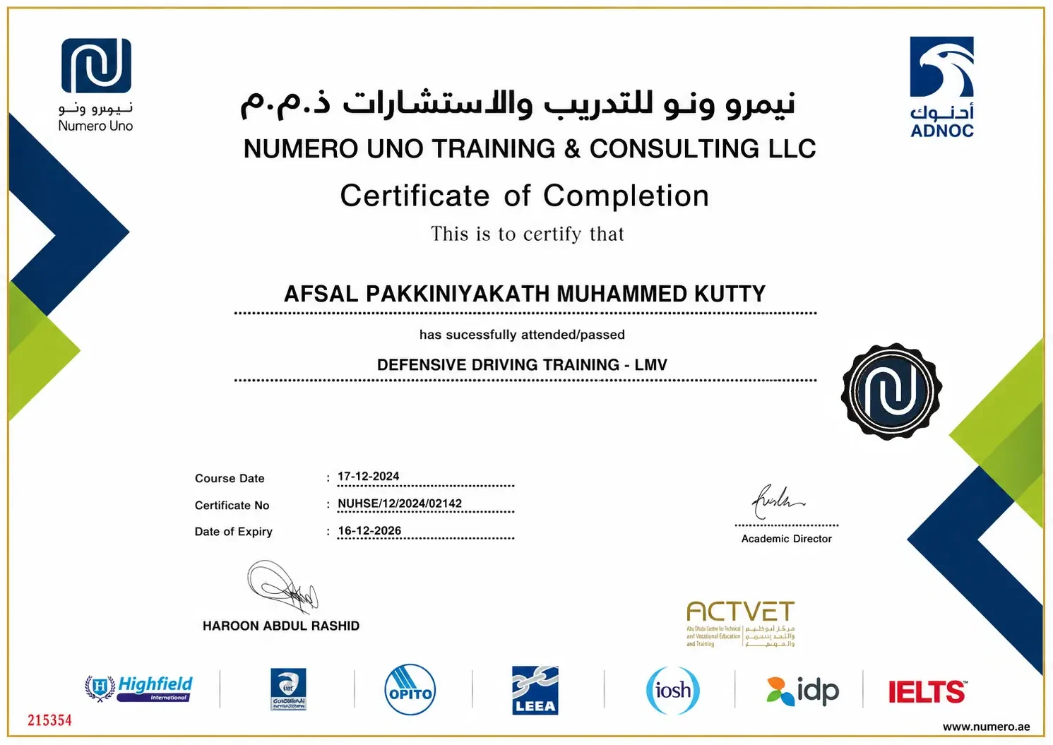 Defensive Driving Certificate